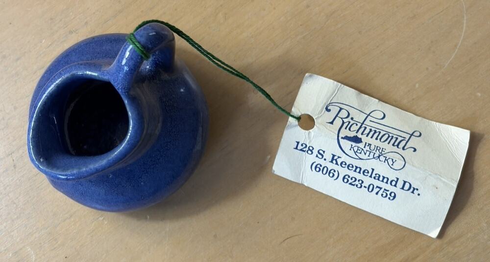 Vintage Tiny Blue Glazed Bybee Pottery Pitcher with tag {KENTUCKY}